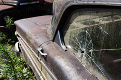 Broken Side Window In An Old Car Stock Photo
