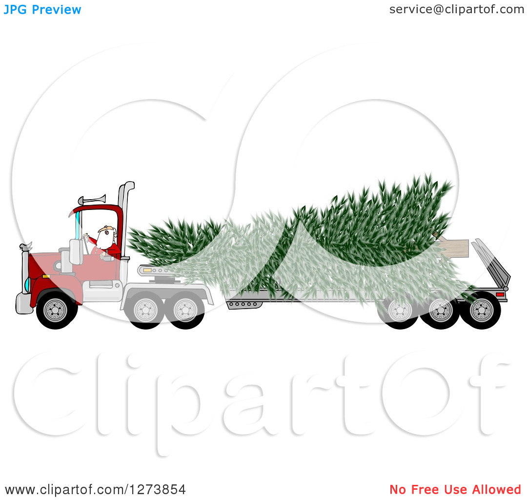 Clipart Of Santa Driving A Big Rig Truck With A Huge Christmas Tree    