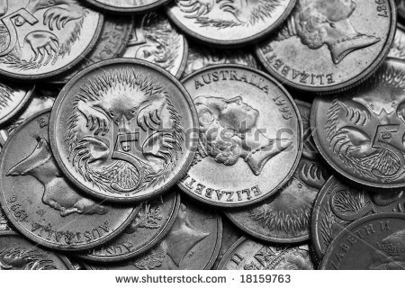 Closeup Of Australian 5 Cent Coins In Black And White  Stock Photo