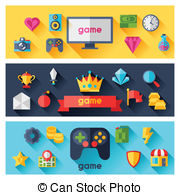 Horizontal Banners With Game Icons In Flat Design Style  Clip Art    