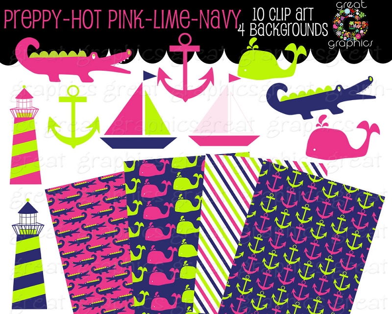 Hot Pink Lime Navy Printable Preppy Clip Art And Backgrounds Hot Pink