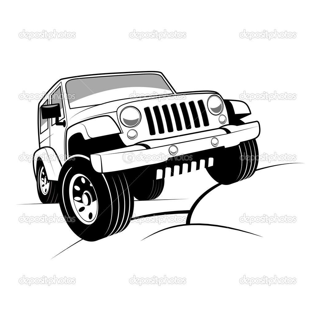 Monochrome Detailed Cartoon Off Road Jeep Climbing Rocks Stock