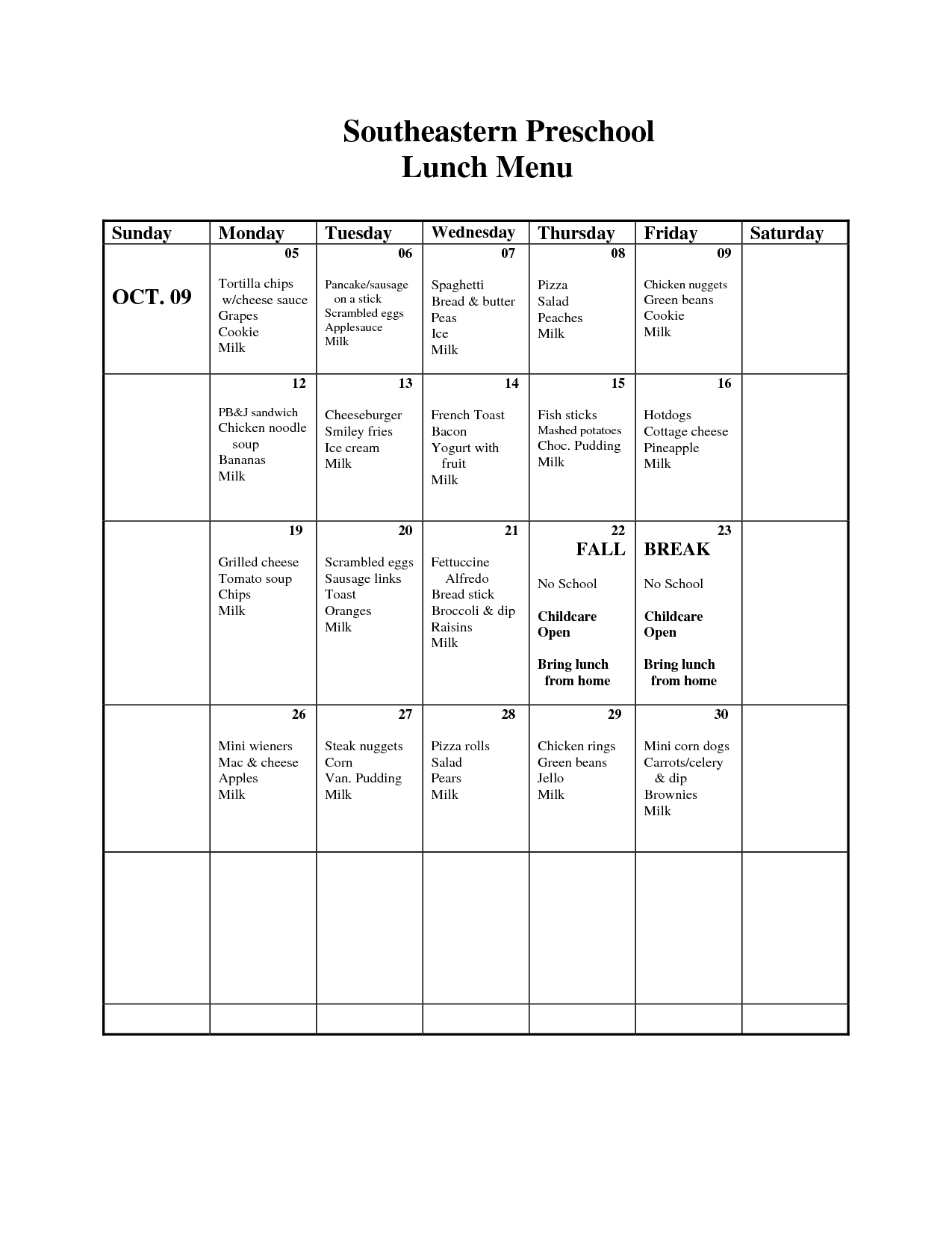 Sample Daycare Menu For Lunch   Symptoms 101