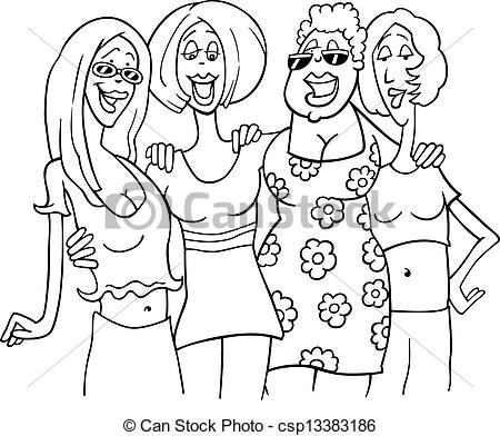 Vector Of Women Friends Cartoon Illustration   Black And White Cartoon