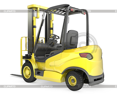 Yellow Fork Lift Truck With Raised Fork Front View Isolated On White