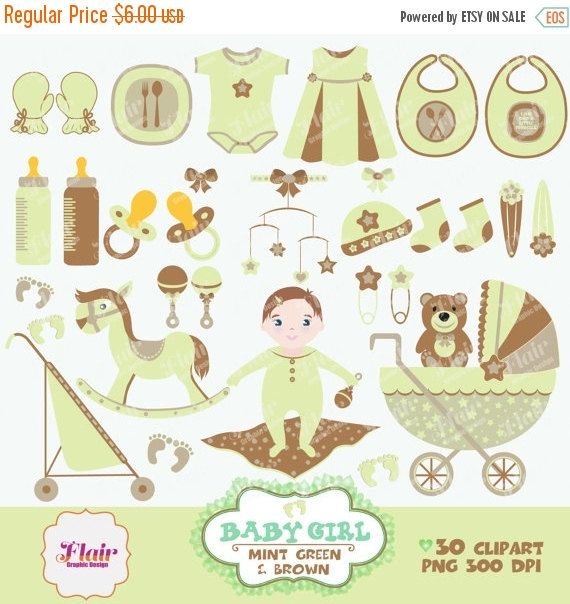 Baby Girl Digital Clipart Mint Green Brown Baby Shower Baby Crib