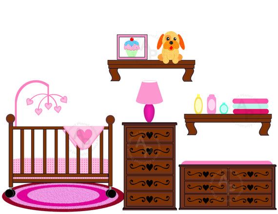 Baby Girl Nursery Crib Changing Table Digital Clip Art Set Clipart P    