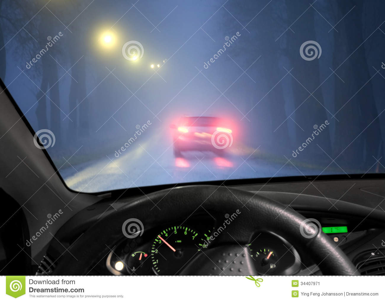 Car Driving In A Dark Avenue In Thick Fog Seen Through Windscreen Of