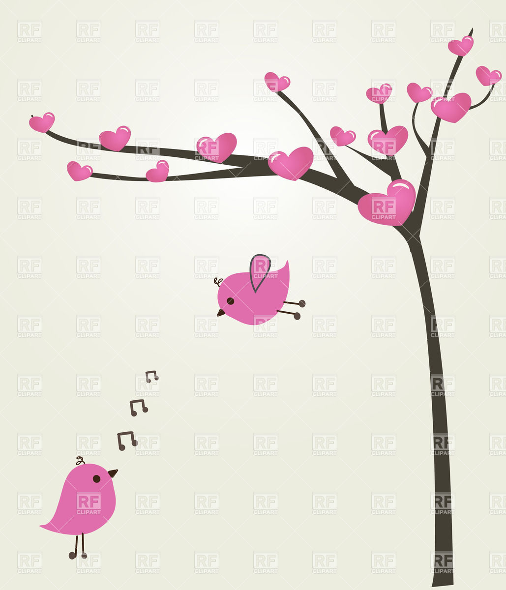Couple Of Pink Birds In Love Near Spring Tree Covered With Heart
