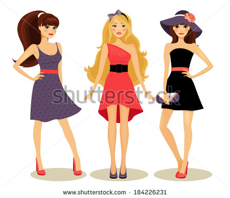 Fashion Cute Girls In New Spring Dresses Vector Illustration On White