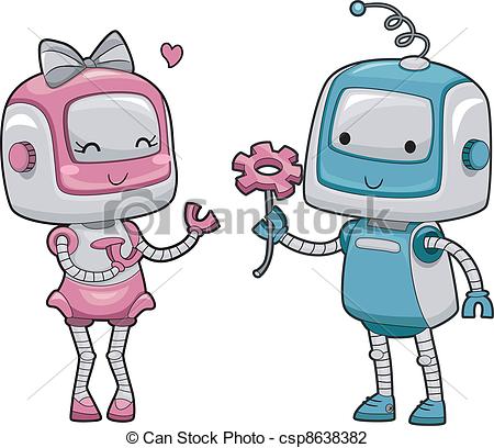 Illustration Of A Male Robot Handing A Flower To A Female Robot