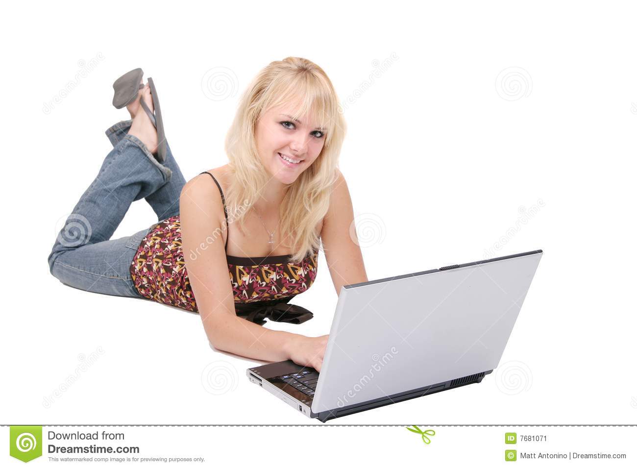 One Blonde Attractive College Student Girl Studying With Laptop Over    