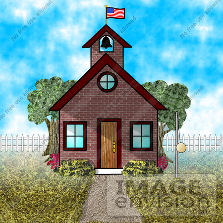 One Room Schoolhouse With A Bell Tower American Flag And Tether Ball    