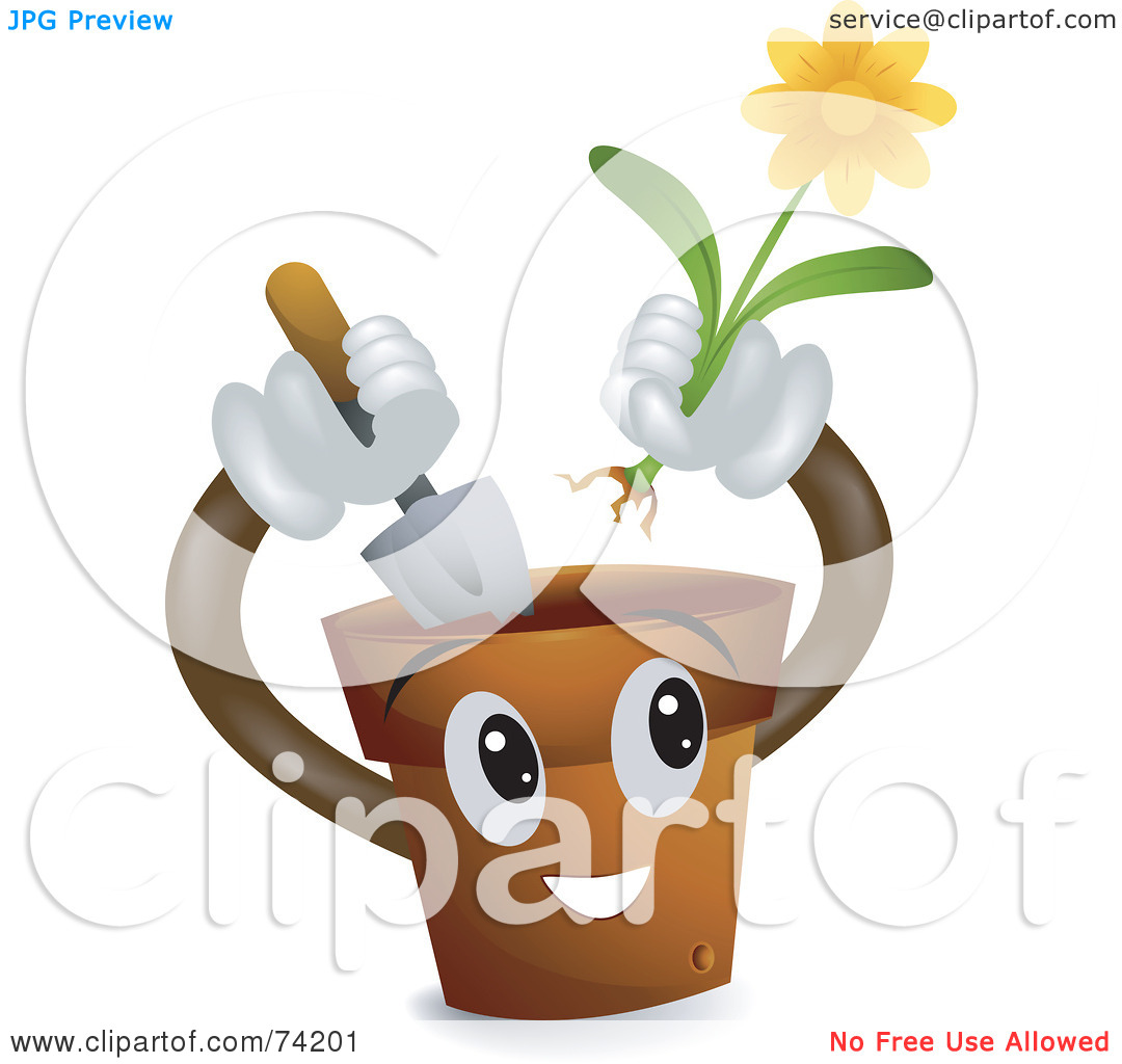 Rf  Clipart Illustration Of A Pot Character Planting A Daisy Flower