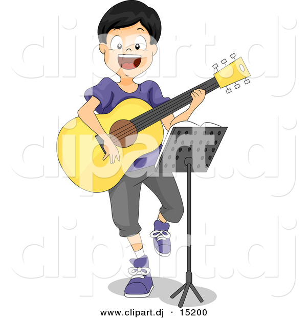 Vector Clipart Of A Cartoon Boy Playing A Guitar While Sitting Behind