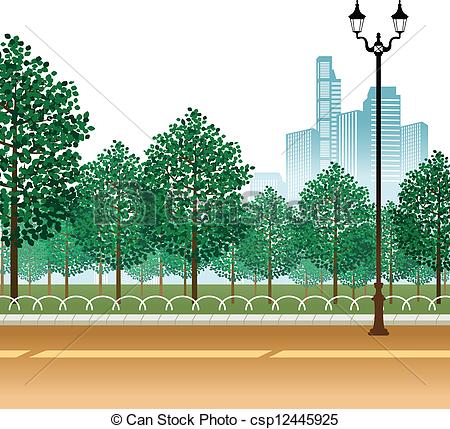 Vector   Garden And Lamp Post On Road   Stock Illustration Royalty