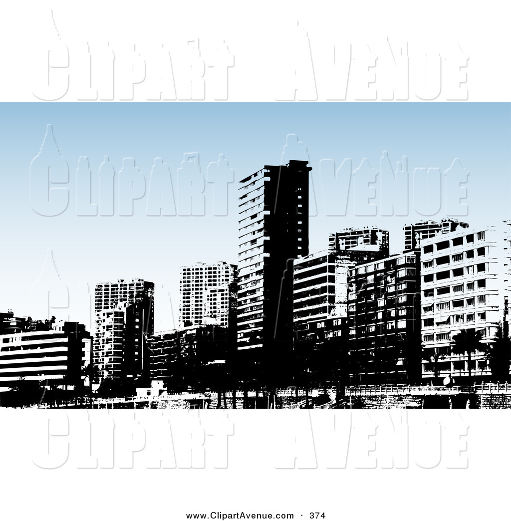 Avenue Clipart Of A Skyline Of A Black And White Benidorm City    