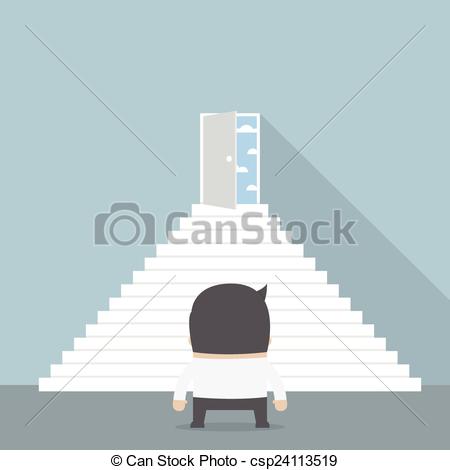 Businessman Standing In Front Of The Steps And Looking At Freedom Door