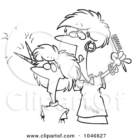 Cartoon Black And White Outline Design Of A Woman Cutting Hair At A