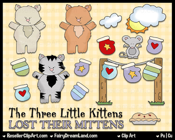 Three Little Kittens Digital Clip Art   Commercial Use Graphic Image    