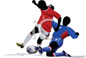 Colorful Cartoon Of Boys Playing Soccer   Royalty Free Clipart Picture