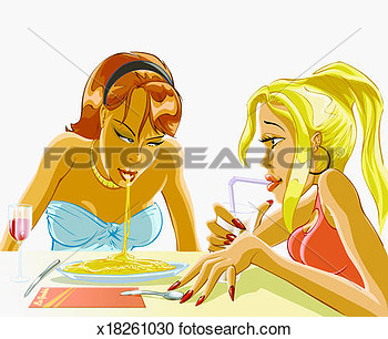 Of Portrait Of Two Young Women Sitting At A Restaurant Table Eating    