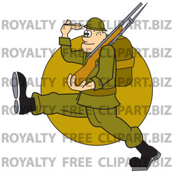 Army Soldier Marching With A Gun And Backpack While Saluting Clipart