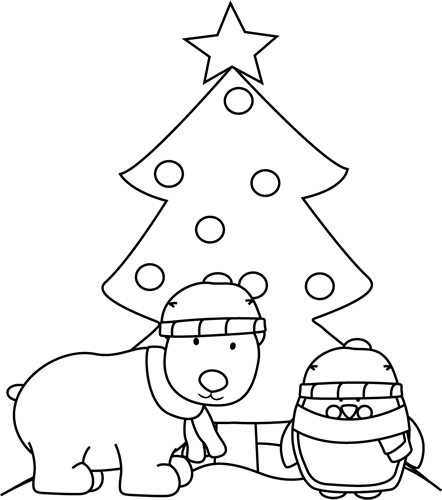 Black And White Polar Bear Penguin And Christmas Tree Clip Art