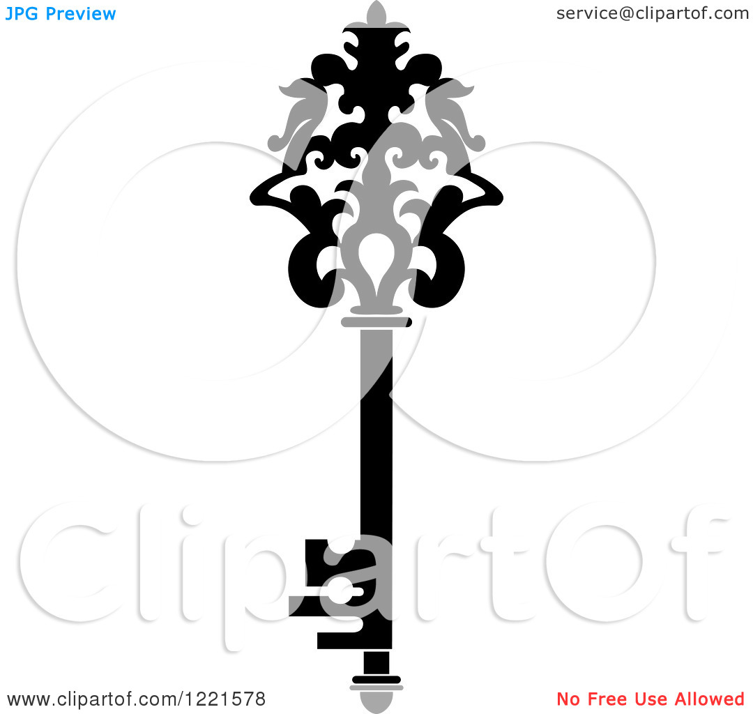 Clipart Of A Black And White Antique Skeleton Key 19   Royalty Free    