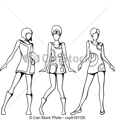 Sketch Of Three Women In 1960 S Mod Dresses  Graphics Are Grouped And