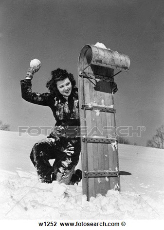 1930 1930s Frau Spielen Schnee Verstecken Tobaggan Clipart