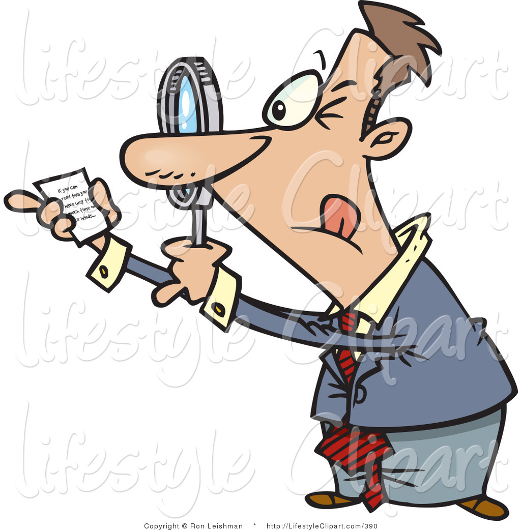 Clipart Of A Man Using A Magnifying Glass To Read Fine Print On A Tiny