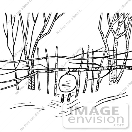 Clipart Of A Snowshoe Rabbit Snare Trap In Black And White   Royalty    