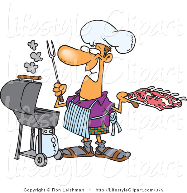 Lifestyle Clipart Of A Father Man Preparing To Barbeque Ribs On A Gas