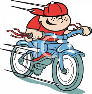 Red Hat Riding A Blue Bike Very Fast   Royalty Free Clipart Picture