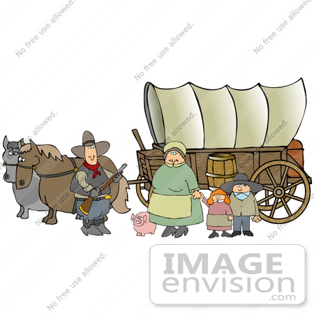 Clip Art Graphic Of A Pioneer Family With Their Pig Standing By The