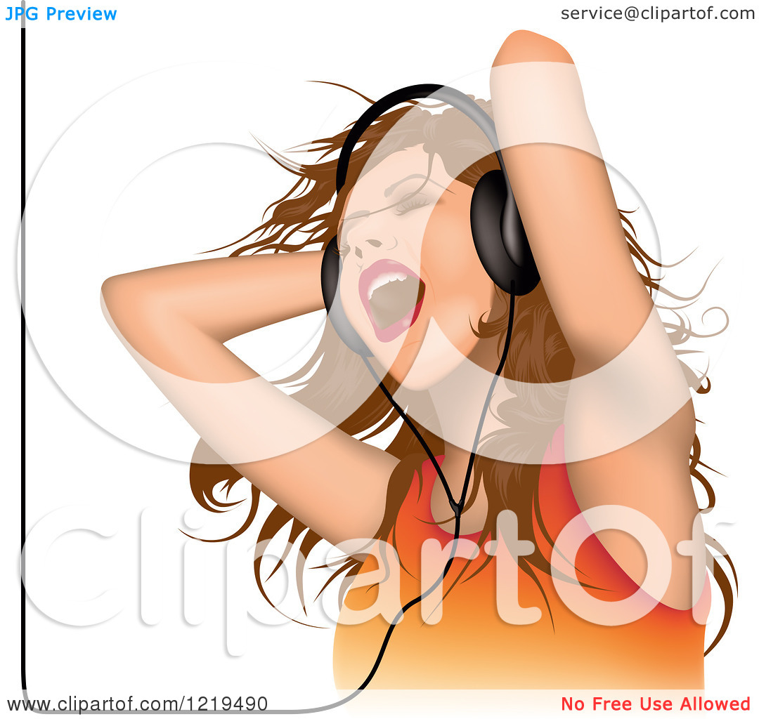 Clipart Of A Young Woman Siging And Wearing Headphones   Royalty Free