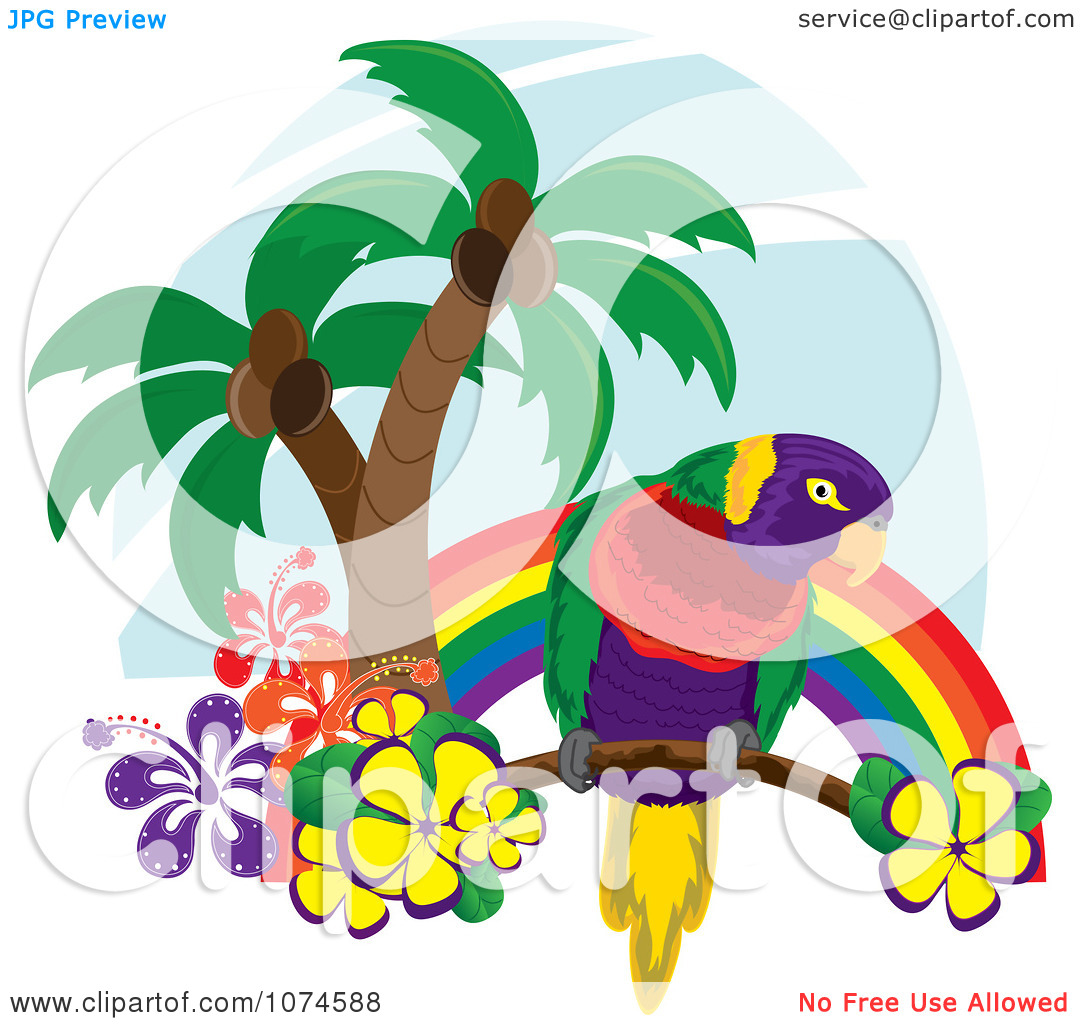 Clipart Tropical Parrot With Palm Trees And Hibiscus Flowers Under A