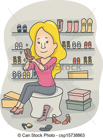 Illustration Of A Woman In A Boutique Trying Different Types Of Shoes