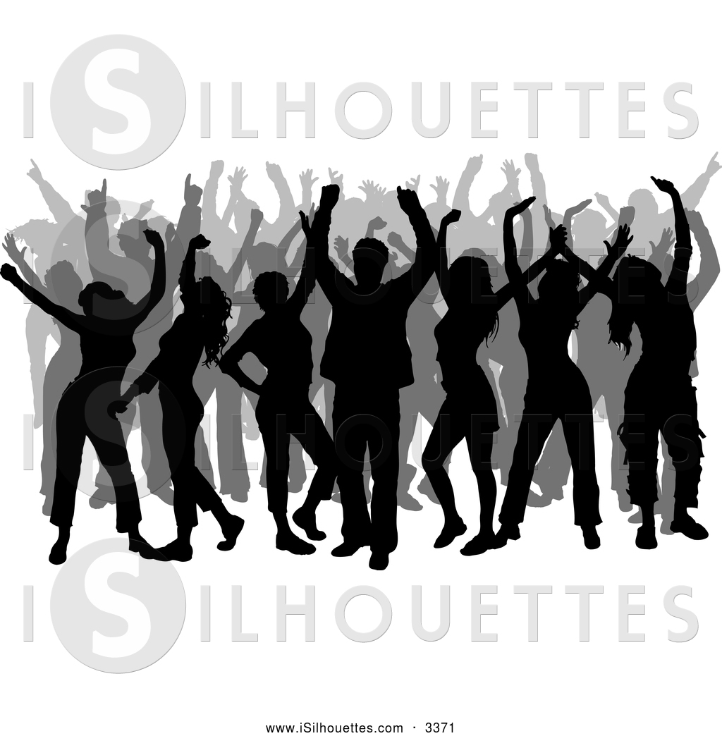 Silhouette Clipart Of A Crowd Of Happy Dancers Silhouetted In Black    