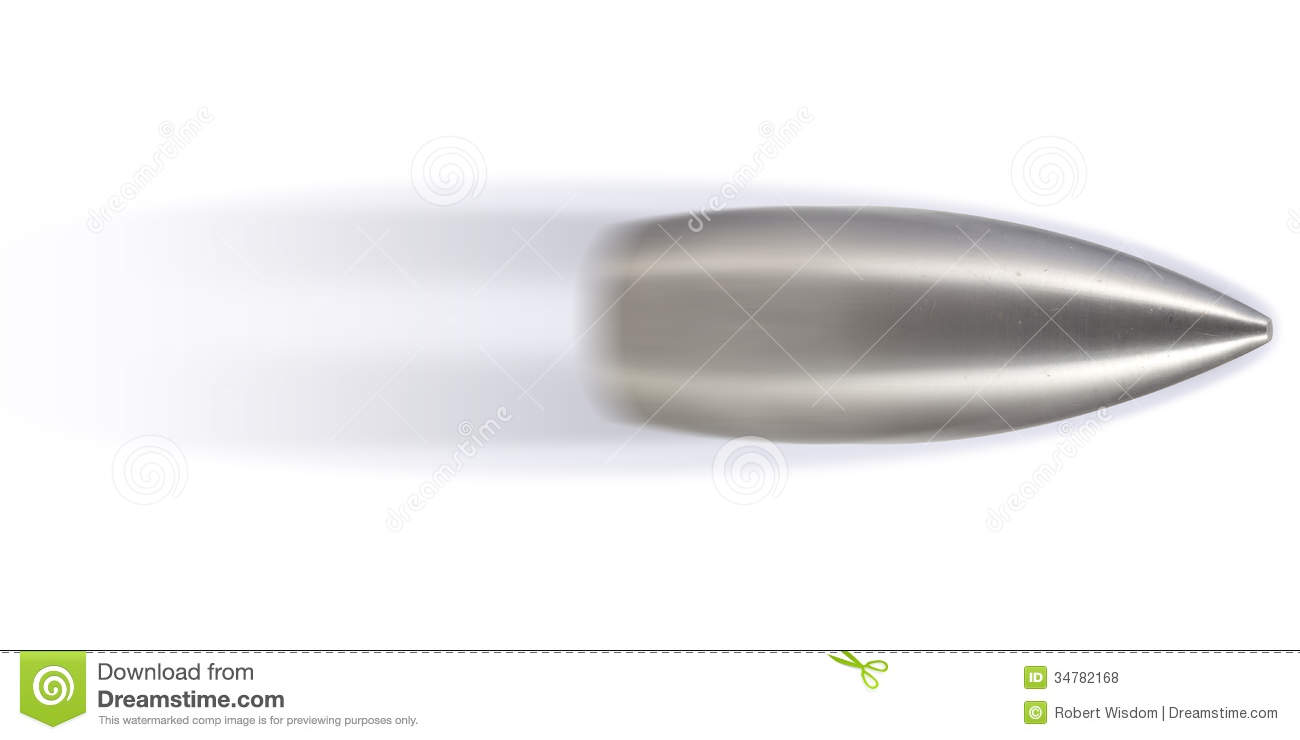 Silver Metal Bullet Isolated On White Background Speeding Through Air 