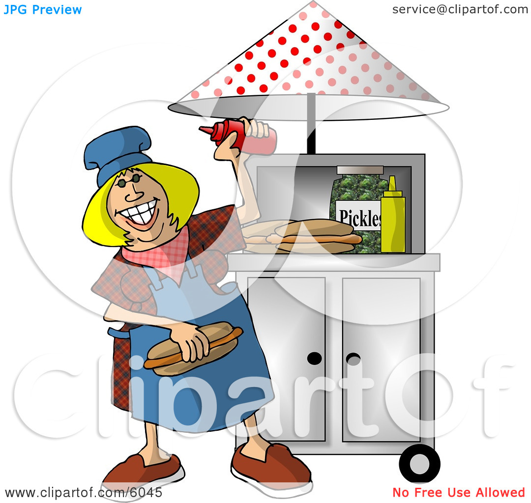 Stand Clipart Happy Lady Working At A Portable Roadside Hot Dog Stand    