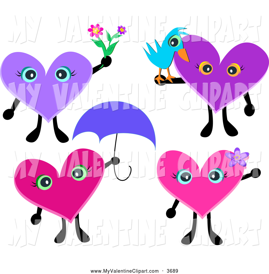 Valentine Clipart Of Heart Characters With Flowers A Bird And Blue    