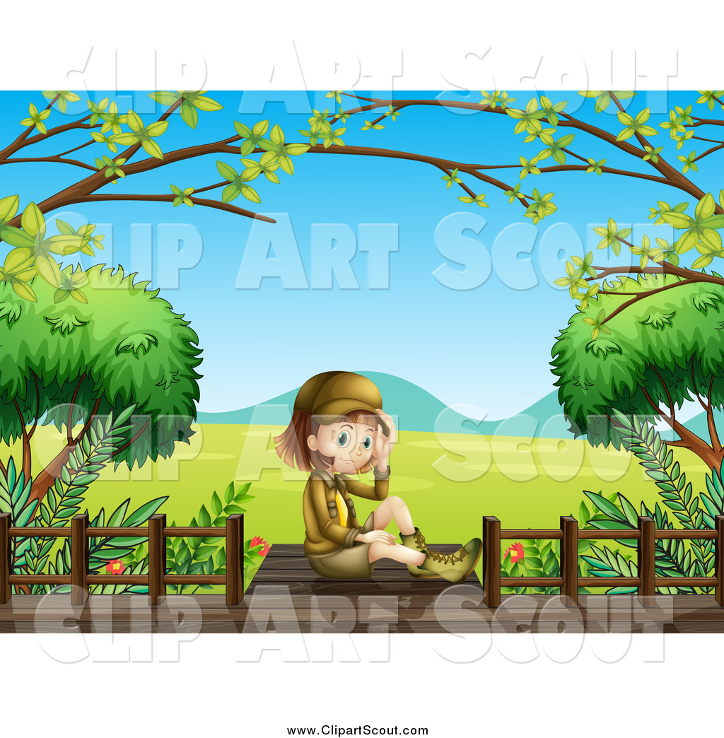 Clipart Of A Sitting Explorer Girl On A Boardwalk Over A Valley By    