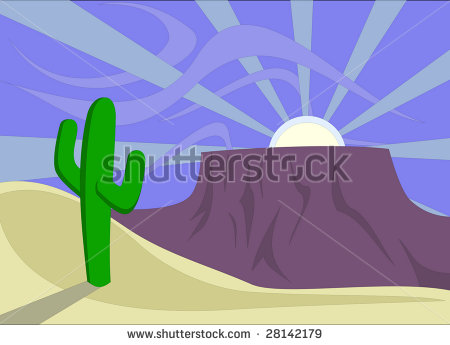 Desert Sunset With Saguaro Cactus And Plateau  Mesa   Stock Vector