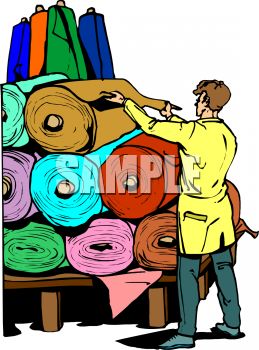 Worker Displaying Bolts Of Fabric In Rolls   Royalty Free Clip Art    