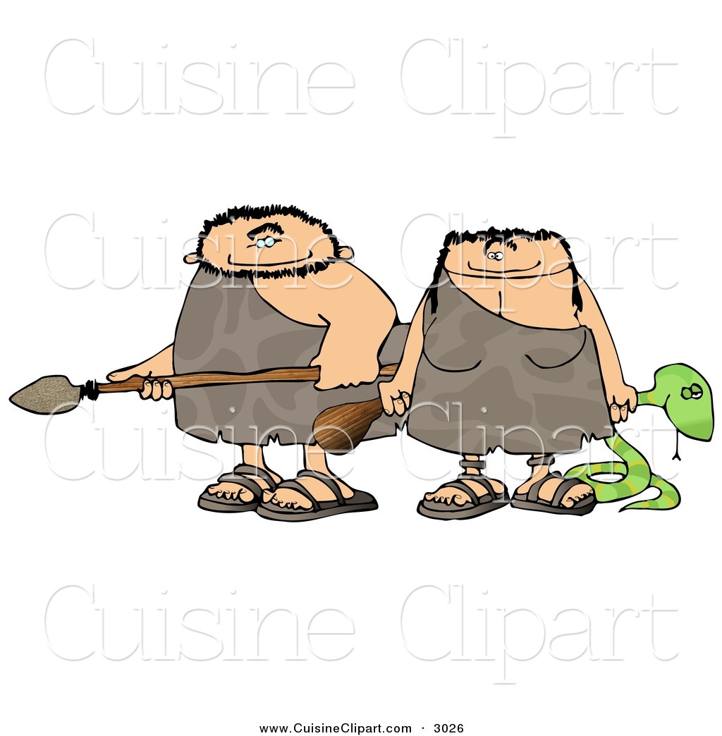 Cuisine Clipart Of A Happy Caucasian Hunting Caveman And Cavewoman    