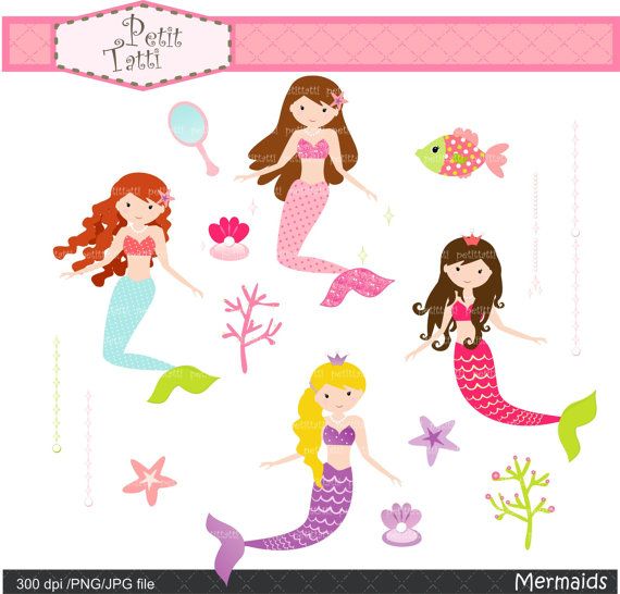 Mermaid Clip Art   Pink Mermaids Girls Clip Art Instant Download    