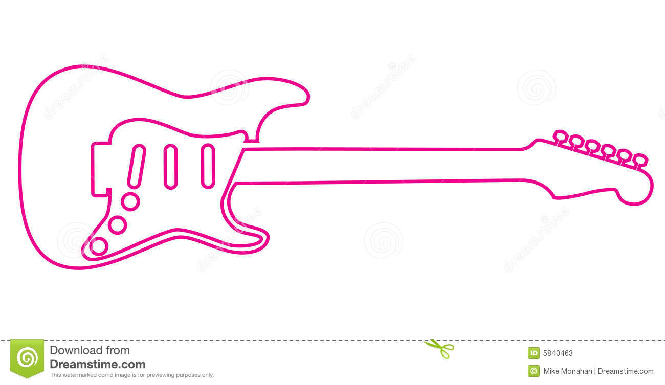 Red Outline Drawing Of An Electric Guitar Isolated On A White    