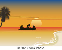 Rowboat On Sea   Vector Illustration Of A Rowboat With